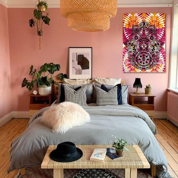 Hamsa Hand Mandela Print Orange Pink Tie Dye Effect Cotton Wall Tapestry Boho - Picture 2 of 3